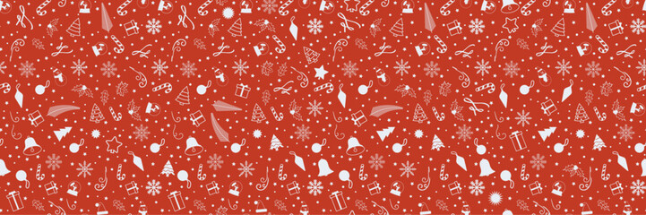 Big Red and White Seamless Christmas Pattern filled with xmas decorations. Fun Christmas Pattern of xmas ornaments and icons. For backgrounds, presentations, wrapping papers, prints, artworks. Vector