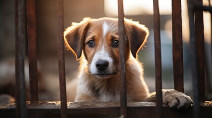Homeless street puppy in a cage outdoors - obrazy, fototapety, plakaty