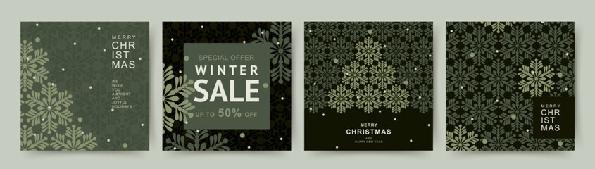 Winter holidays square template. Christmas cards in minimalist geometric Scandinavian style. Xmas sale. Vector illustration for card, invitation, advertisement, banner, social media post, poster - obrazy, fototapety, plakaty
