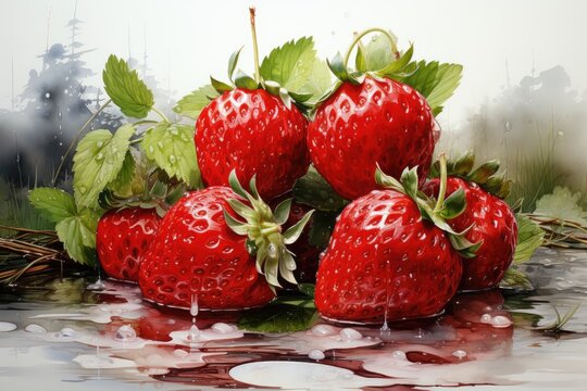 hand drawn watercolor strawberries isolated on white. AI Generated