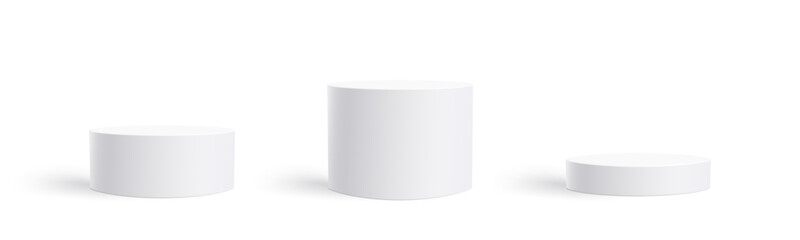 Three white circle podiums stage background, transparent illustration