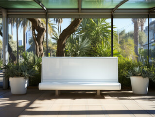 Tropical outdoor bus stop with a blank white advertisement bench. Public transport and design concept Generative AI