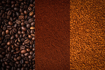 Coffee beans, ground and granulated coffee background or texture.