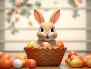 cute easter landscape with bunny and colored eggs in  basket