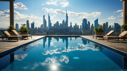 Naklejka premium Infinity pool on hotel rooftop with stunning cityscape and skyscrapers. Luxury concept. Generative AI
