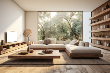 Spacious minimalist living room with large window view of forest. Modern luxury. Generative AI
