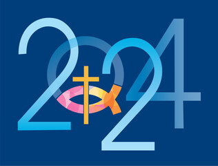 
Jesus fish symbol, new year, typographic composition. 
2024 new year with fish symbol with cross on blue background. Vector available.	