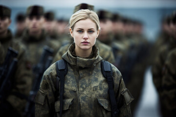 Unified Strength: Female Soldier Standing Tall in Military Formation