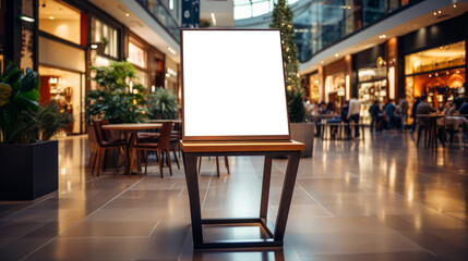Modern shopping mall interior with empty info desk mockup among dining area. Retail and hospitality concept. Generative AI