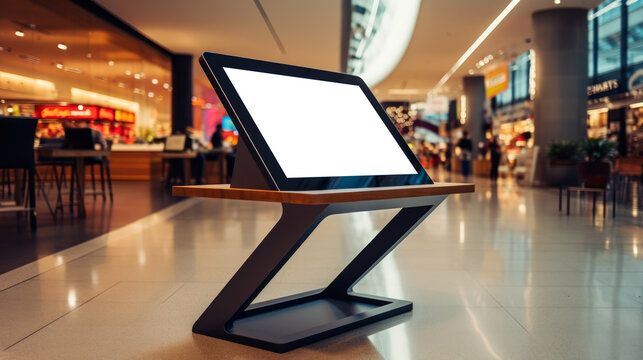 Modern blank screen kiosk template in bright restaurant interior. Digital marketing and design concept. Generative AI