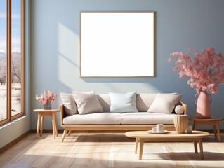 Scandinavian living room mockup with pastel tones, natural light, and a serene view. Simplistic elegance. Generative AI