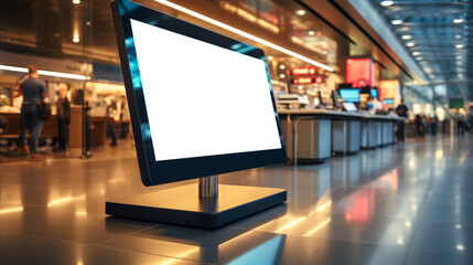 Sleek information kiosk mockup in spacious airport terminal. Travel and technology concept. Generative AI