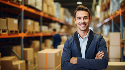 Fototapeta premium Happy young worker man at the factory storage room
