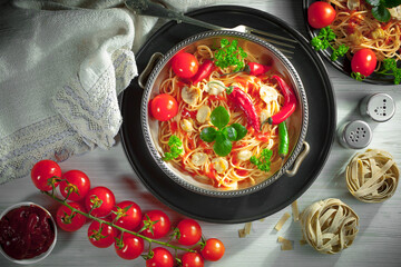 Pasta, spaghetti in a plate with seasonings and vegetables. Hot, natural and tasty dish.