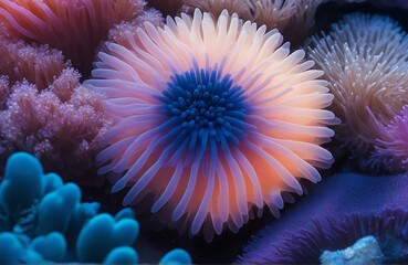 Naklejka na ściany i meble Anemone actinia texture underwater reef sea coral. Created with Generative Ai technology.