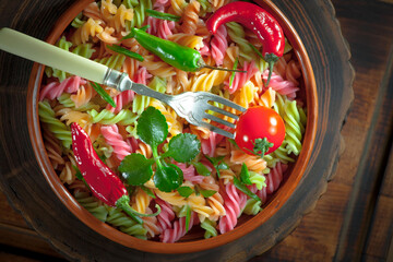 Pasta, spaghetti in a plate with seasonings and vegetables. Hot, natural and tasty dish.