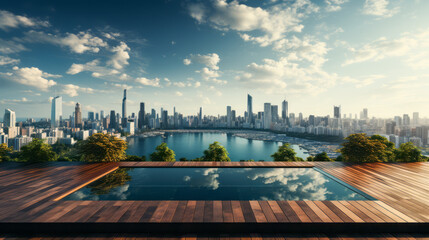 Obraz premium Infinity pool on hotel rooftop with stunning cityscape and skyscrapers. Luxury vacation concept. Generative AI