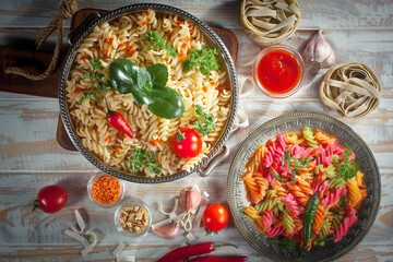 Pasta, spaghetti in a plate with seasonings and vegetables. Hot, natural and tasty dish.