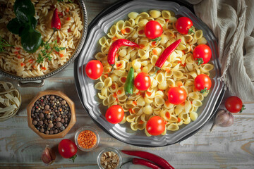 Pasta, spaghetti in a plate with seasonings and vegetables. Hot, natural and tasty dish.