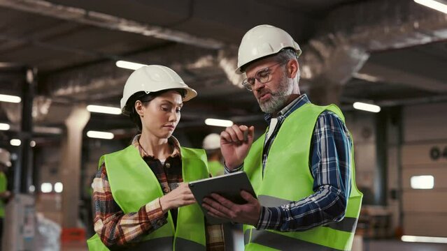 Professional Factory Employees Using Tablet for Purchasing Production and Managing Shipping. Uniformed Manufacturing Experts Inspecting Shipment in Warehouse Complex, Engaged in Discussion