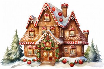 Fototapeta premium Whimsical Gingerbread House: Christmas Watercolor Painting on Transparent Background