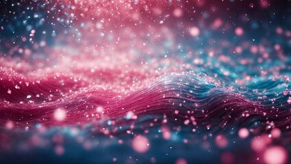 Sfondo digitale astratto con particelle e luci colorate rosa e blu con onde  - obrazy, fototapety, plakaty