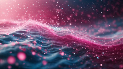 Sfondo digitale astratto con particelle e luci colorate rosa e blu con onde 