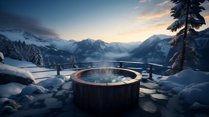 A hot water tank in a winter forest with an incredible view