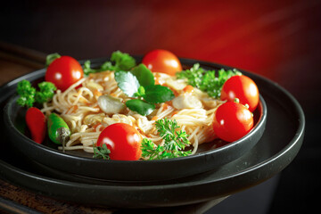 Boiled pasta with ketchup and vegetables on the kitchen table.