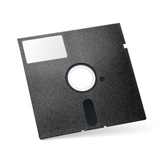 Black 5.25 inch retro floppy disk or diskette isolated. Transparent PNG image.