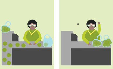 Person working the checkout lane packing products and finished