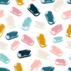 Multicolored textured rectangular lollipops or marshmallows on a white background form a cute holiday seamless pattern for textile, wrapping paper. Vector.