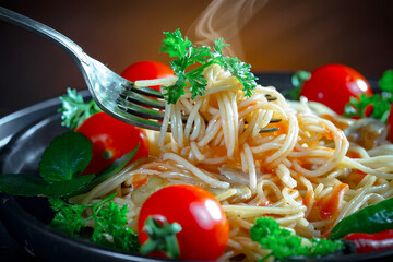 Pasta, spaghetti in a plate with seasonings and vegetables. Hot, natural and tasty dish.