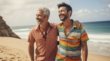 Mature and adult men are standing on the beach, embracing each other, smiling