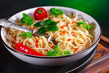 Pasta, spaghetti in a plate with seasonings and vegetables. Hot, natural and tasty dish.