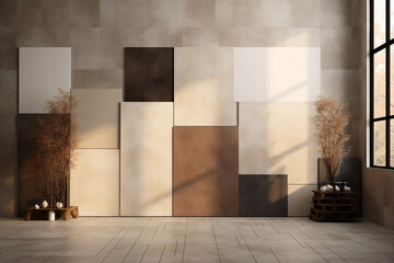 Earth Tones Elegance: Mockup Scenes Featuring Light Gray, Brown, and Beige Wall
