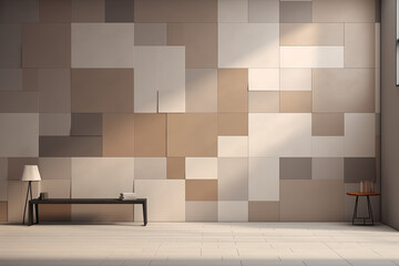 Neutral Harmony: Light and Shadow Room Mockups with Gray, Brown, and Beige Tiled Wall