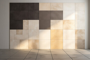 Neutral Harmony: Light and Shadow Room Mockups with Gray, Brown, and Beige Tiled Wall