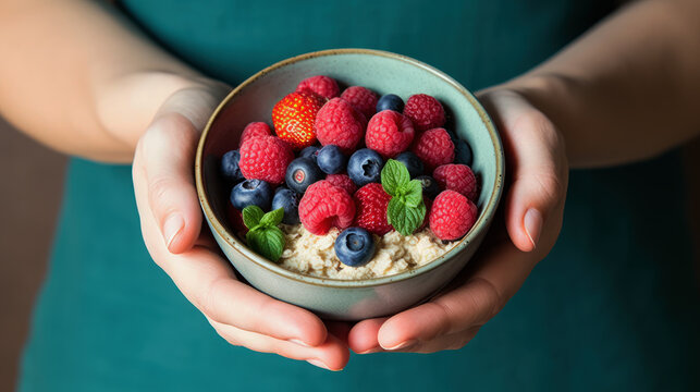 Hands holding a bowl of breakfast oatmeal porridge with berries.