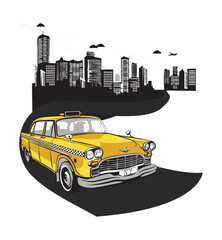 Taxi ride with Building t-shirt graphic design vector illustration 