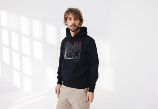 Mockup of man with beard wearing customizable hoodie, front view