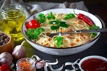 Pasta, spaghetti in a plate with seasonings and vegetables. Hot, natural and tasty dish.