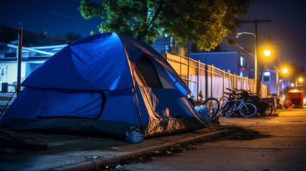 Homeless tent camp on a city street at night