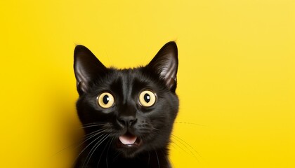 Surprised Cat with Yellow Background, Portrait of a black cat on a yellow background. Studio shot.