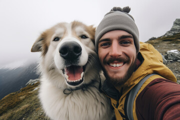 Man and dog are best friends, taking selfie outdoors, rural scene