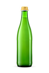 Soda or mineral water in green glass bottle isolated. Transparent PNG image.