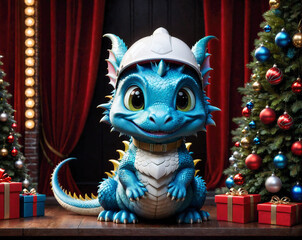 Fototapeta premium a blue dragon in a white construction helmet stands against the background of a Christmas interior. AI Generated