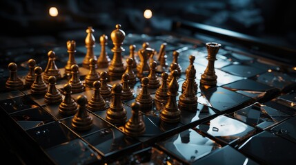 chess pieces on the board background and wallpaper - obrazy, fototapety, plakaty