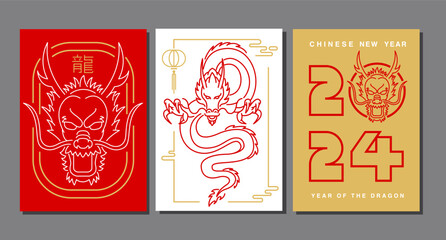 Template layout Chinese New Year 2024, Year of the Dragon , outline , stroke, zodiac
