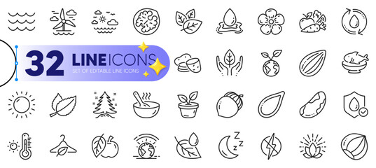 Outline set of Brazil nut, Apple and Almond nut line icons for web with Seafood, Greenhouse, Potato thin icon. Slow fashion, Leaf dew, Lotus pictogram icon. Christmas tree. Vector